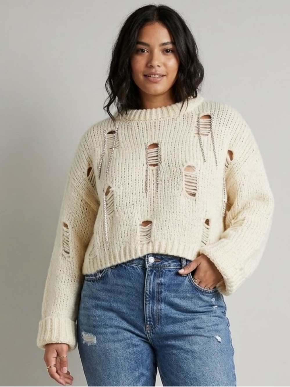 ASOS DESIGN Distressed Rhinestone Embellished Knit Cropped Sweater Cream US 10